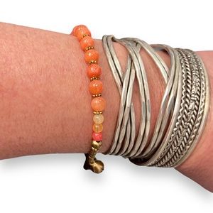 BOHO VINTAGE Coral Stone Beaded & Gold Brass Jingle Bracelet Handmade Costa Rica